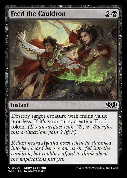 Destroy target creature with mana value 3 or less. If it's your turn, create a Food token. (It's an artifact with "{2}, {T}, Sacrifice this artifact: You gain 3 life.")