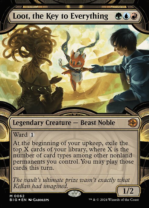 Ward {1}
At the beginning of your upkeep, exile the top X cards of your library, where X is the number of card types among other nonland permanents you control. You may play those cards this turn.