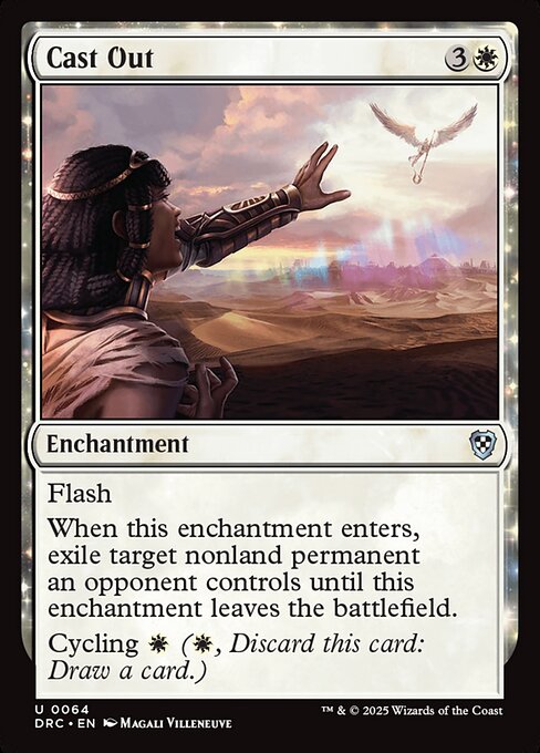 Flash
When this enchantment enters, exile target nonland permanent an opponent controls until this enchantment leaves the battlefield.
Cycling {W} ({W}, Discard this card: Draw a card.)