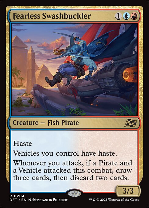 Haste
Vehicles you control have haste.
Whenever you attack, if a Pirate and a Vehicle attacked this combat, draw three cards, then discard two cards.