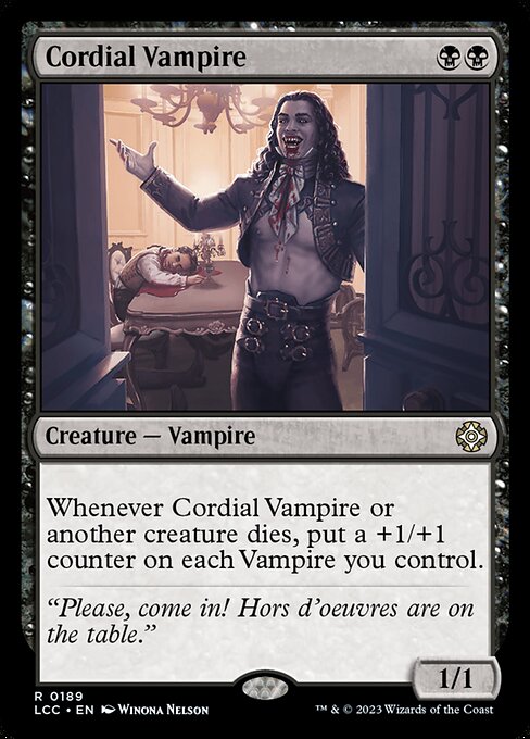 Whenever this creature or another creature dies, put a +1/+1 counter on each Vampire you control.