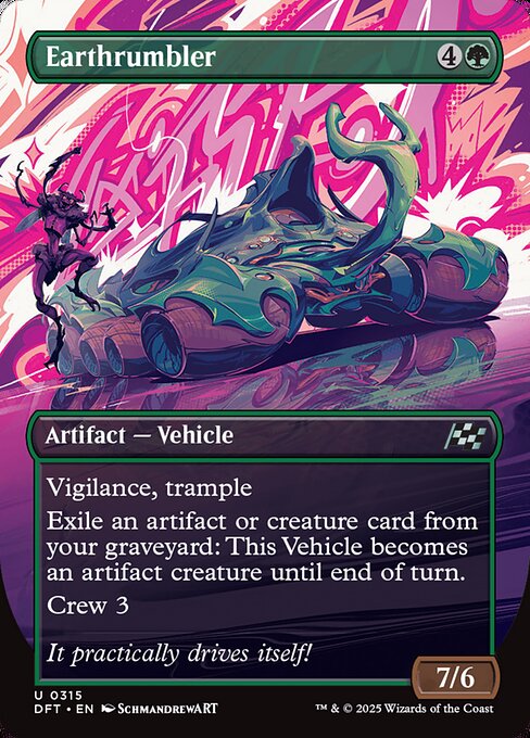 Vigilance, trample
Exile an artifact or creature card from your graveyard: This Vehicle becomes an artifact creature until end of turn.
Crew 3 (Tap any number of creatures you control with total power 3 or more: This Vehicle becomes an artifact creature until end of turn.)