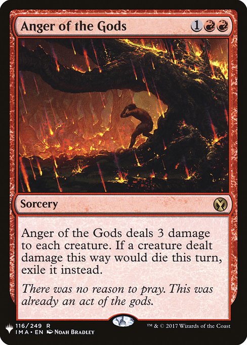 Anger of the Gods deals 3 damage to each creature. If a creature dealt damage this way would die this turn, exile it instead.