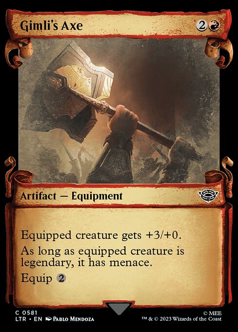 Equipped creature gets +3/+0.
As long as equipped creature is legendary, it has menace. (It can't be blocked except by two or more creatures.)
Equip {2} ({2}: Attach to target creature you control. Equip only as a sorcery.)