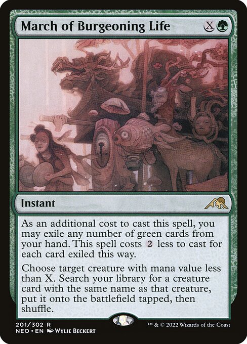 As an additional cost to cast this spell, you may exile any number of green cards from your hand. This spell costs {2} less to cast for each card exiled this way.
Choose target creature with mana value less than X. Search your library for a creature card with the same name as that creature, put it onto the battlefield tapped, then shuffle.