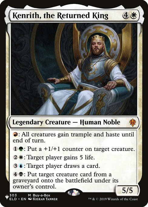 {R}: All creatures gain trample and haste until end of turn.
{1}{G}: Put a +1/+1 counter on target creature.
{2}{W}: Target player gains 5 life.
{3}{U}: Target player draws a card.
{4}{B}: Put target creature card from a graveyard onto the battlefield under its owner's control.
