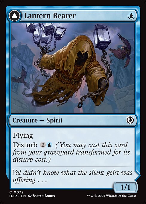 Flying
Disturb {2}{U} (You may cast this card from your graveyard transformed for its disturb cost.)   Enchant creature
Enchanted creature gets +1/+1 and has flying.
If Lanterns' Lift would be put into a graveyard from anywhere, exile it instead.
