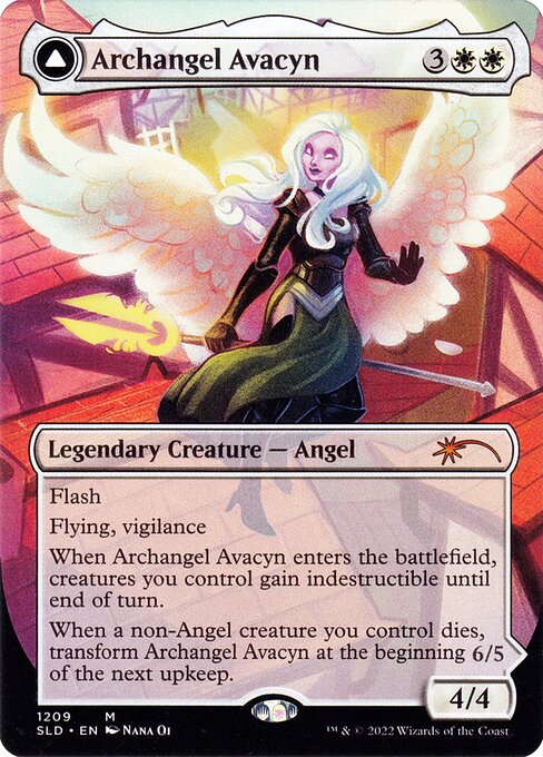 Flash
Flying, vigilance
When Archangel Avacyn enters the battlefield, creatures you control gain indestructible until end of turn.
When a non-Angel creature you control dies, transform Archangel Avacyn at the beginning of the next upkeep. Flying
When this creature transforms into Avacyn, the Purifier, it deals 3 damage to each other creature and each opponent.
