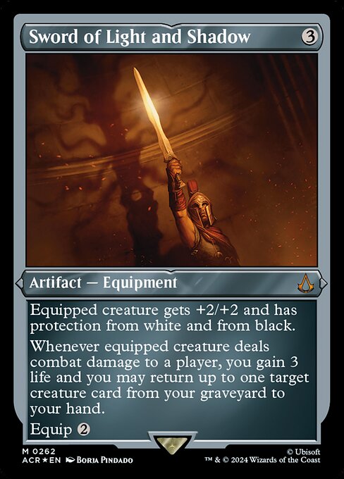 Equipped creature gets +2/+2 and has protection from white and from black.
Whenever equipped creature deals combat damage to a player, you gain 3 life and you may return up to one target creature card from your graveyard to your hand.
Equip {2}