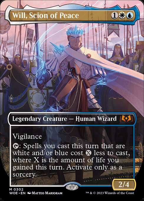 Vigilance
{T}: Spells you cast this turn that are white and/or blue cost {X} less to cast, where X is the amount of life you gained this turn. Activate only as a sorcery.