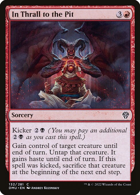Kicker {2}{B} (You may pay an additional {2}{B} as you cast this spell.)
Gain control of target creature until end of turn. Untap that creature. It gains haste until end of turn. If this spell was kicked, sacrifice that creature at the beginning of the next end step.