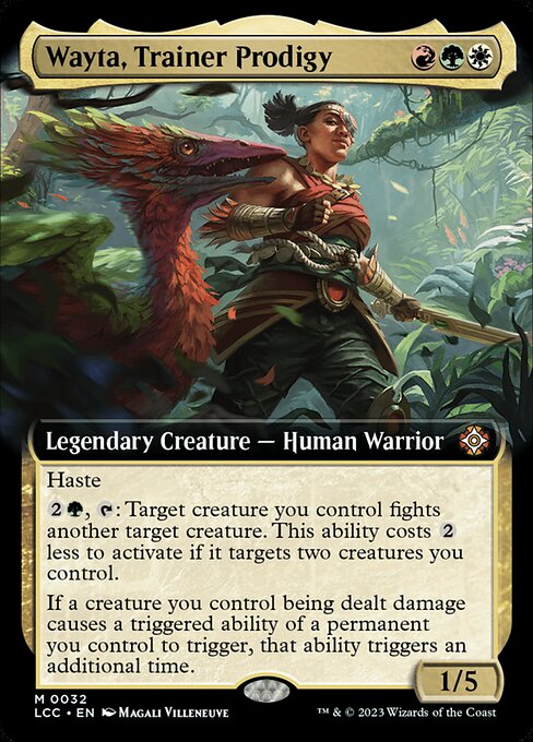 Haste
{2}{G}, {T}: Target creature you control fights another target creature. This ability costs {2} less to activate if it targets two creatures you control.
If a creature you control being dealt damage causes a triggered ability of a permanent you control to trigger, that ability triggers an additional time.