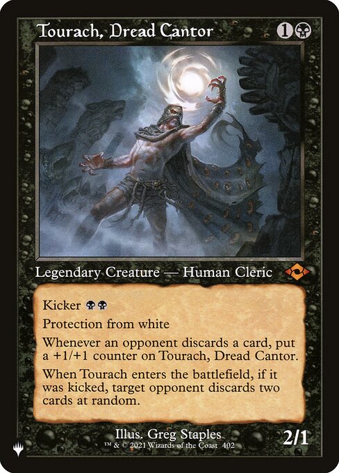 Kicker {B}{B} (You may pay an additional {B}{B} as you cast this spell.)
Protection from white
Whenever an opponent discards a card, put a +1/+1 counter on Tourach, Dread Cantor.
When Tourach enters the battlefield, if it was kicked, target opponent discards two cards at random.