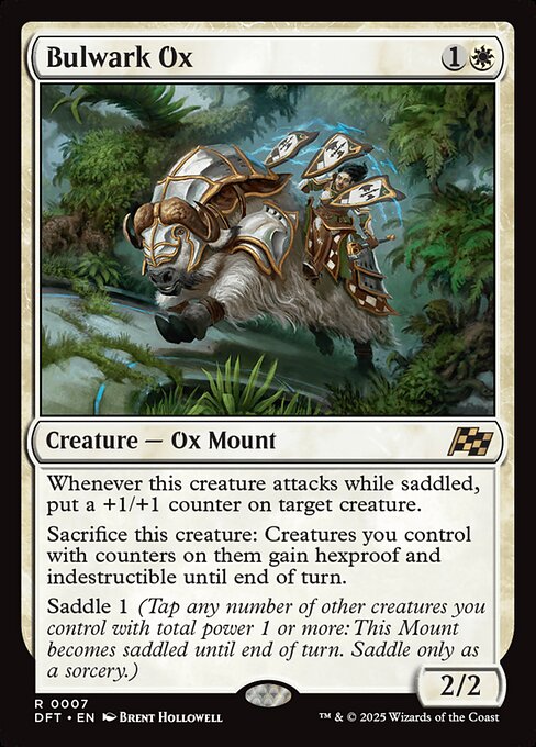 Whenever this creature attacks while saddled, put a +1/+1 counter on target creature.
Sacrifice this creature: Creatures you control with counters on them gain hexproof and indestructible until end of turn.
Saddle 1 (Tap any number of other creatures you control with total power 1 or more: This Mount becomes saddled until end of turn. Saddle only as a sorcery.)