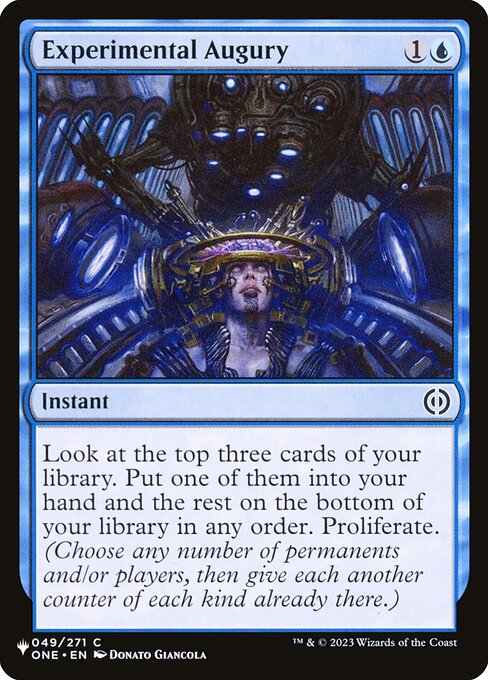 Look at the top three cards of your library. Put one of them into your hand and the rest on the bottom of your library in any order. Proliferate. (Choose any number of permanents and/or players, then give each another counter of each kind already there.)
