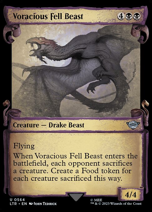 Flying
When Voracious Fell Beast enters the battlefield, each opponent sacrifices a creature. Create a Food token for each creature sacrificed this way. (It's an artifact with "{2}, {T}, Sacrifice this artifact: You gain 3 life.")