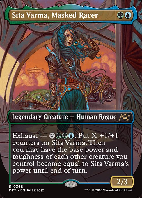 Exhaust — {X}{G}{G}{U}: Put X +1/+1 counters on Sita Varma. Then you may have the base power and toughness of each other creature you control become equal to Sita Varma's power until end of turn. (Activate each exhaust ability only once.)