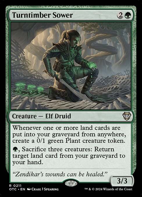 Whenever one or more land cards are put into your graveyard from anywhere, create a 0/1 green Plant creature token.
{G}, Sacrifice three creatures: Return target land card from your graveyard to your hand.