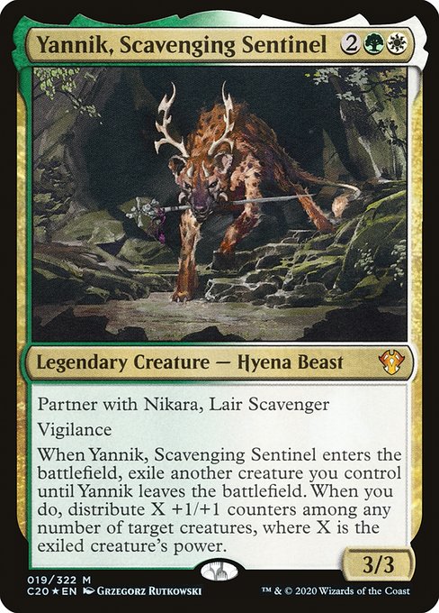 Partner with Nikara, Lair Scavenger
Vigilance
When Yannik, Scavenging Sentinel enters the battlefield, exile another creature you control until Yannik leaves the battlefield. When you do, distribute X +1/+1 counters among any number of target creatures, where X is the exiled creature's power.