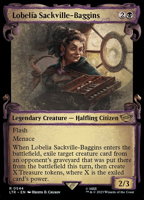 Flash
Menace
When Lobelia Sackville-Baggins enters the battlefield, exile target creature card from an opponent's graveyard that was put there from the battlefield this turn, then create X Treasure tokens, where X is the exiled card's power.