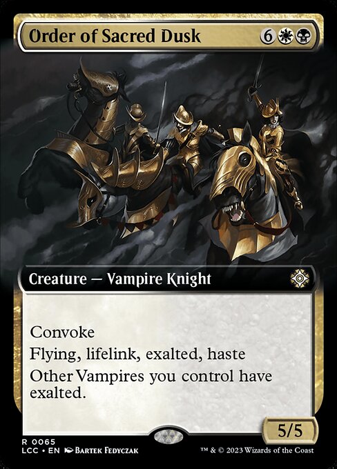 Convoke (Your creatures can help cast this spell. Each creature you tap while casting this spell pays for {1} or one mana of that creature's color.)
Flying, lifelink, haste
Exalted (Whenever a creature you control attacks alone, that creature gets +1/+1 until end of turn.)
Other Vampires you control have exalted.