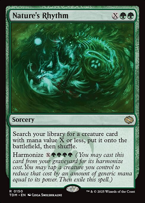 Search your library for a creature card with mana value X or less, put it onto the battlefield, then shuffle.
Harmonize {X}{G}{G}{G}{G} (You may cast this card from your graveyard for its harmonize cost. You may tap a creature you control to reduce that cost by an amount of generic mana equal to its power. Then exile this spell.)