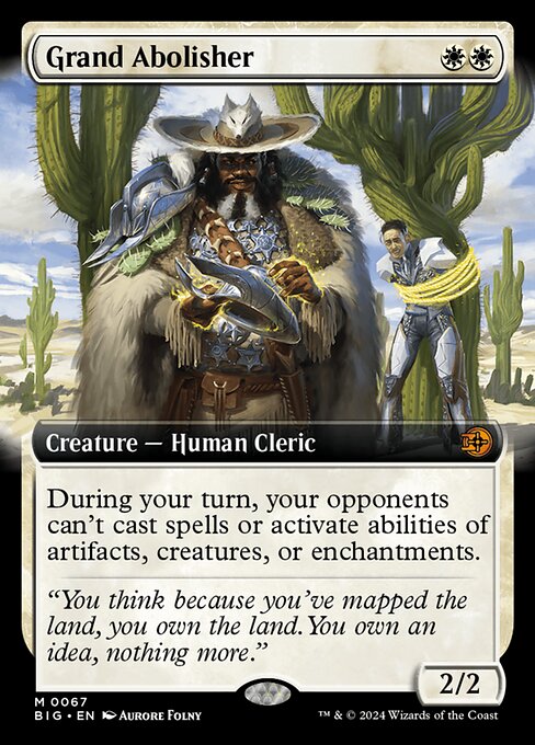 During your turn, your opponents can't cast spells or activate abilities of artifacts, creatures, or enchantments.