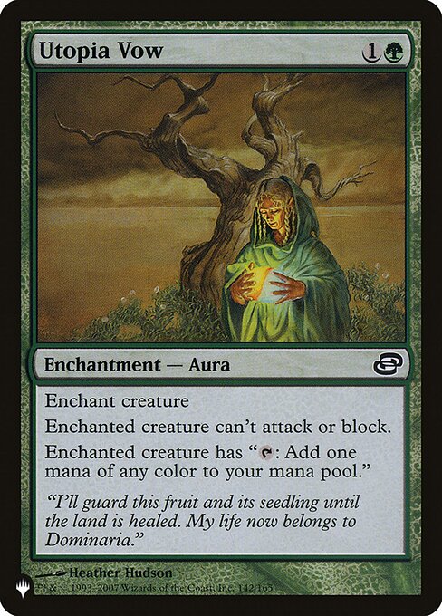 Enchant creature
Enchanted creature can't attack or block.
Enchanted creature has "{T}: Add one mana of any color."