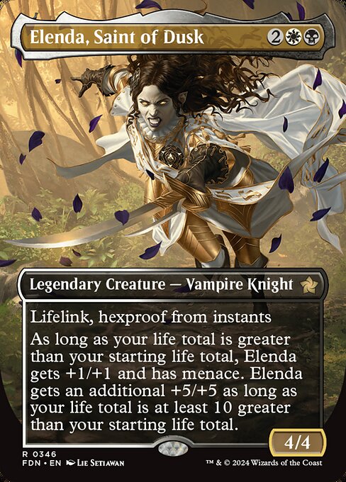 Lifelink, hexproof from instants
As long as your life total is greater than your starting life total, Elenda gets +1/+1 and has menace. Elenda gets an additional +5/+5 as long as your life total is at least 10 greater than your starting life total.