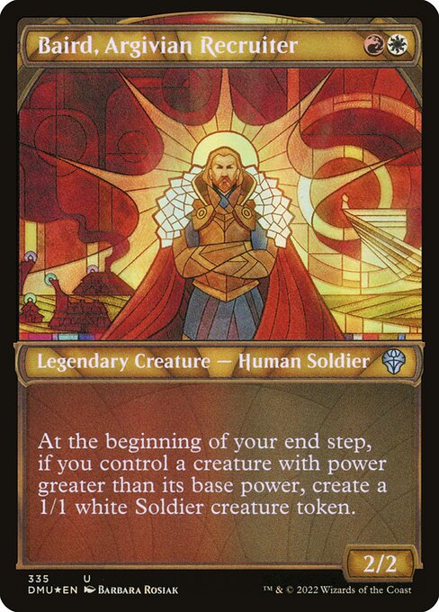 At the beginning of your end step, if you control a creature with power greater than its base power, create a 1/1 white Soldier creature token.