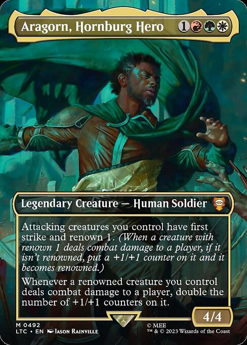 Attacking creatures you control have first strike and renown 1. (When a creature with renown 1 deals combat damage to a player, if it isn't renowned, put a +1/+1 counter on it and it becomes renowned.)
Whenever a renowned creature you control deals combat damage to a player, double the number of +1/+1 counters on it.