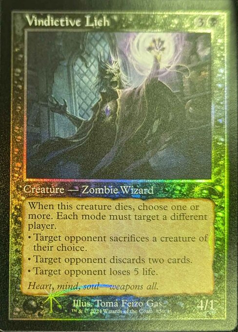 When this creature dies, choose one or more. Each mode must target a different player.
• Target opponent sacrifices a creature of their choice.
• Target opponent discards two cards.
• Target opponent loses 5 life.