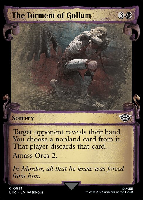 Target opponent reveals their hand. You choose a nonland card from it. That player discards that card.
Amass Orcs 2. (Put two +1/+1 counters on an Army you control. It's also an Orc. If you don't control an Army, create a 0/0 black Orc Army creature token first.)