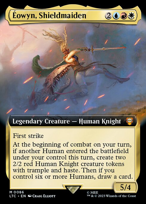 First strike
At the beginning of combat on your turn, if another Human entered the battlefield under your control this turn, create two 2/2 red Human Knight creature tokens with trample and haste. Then if you control six or more Humans, draw a card.