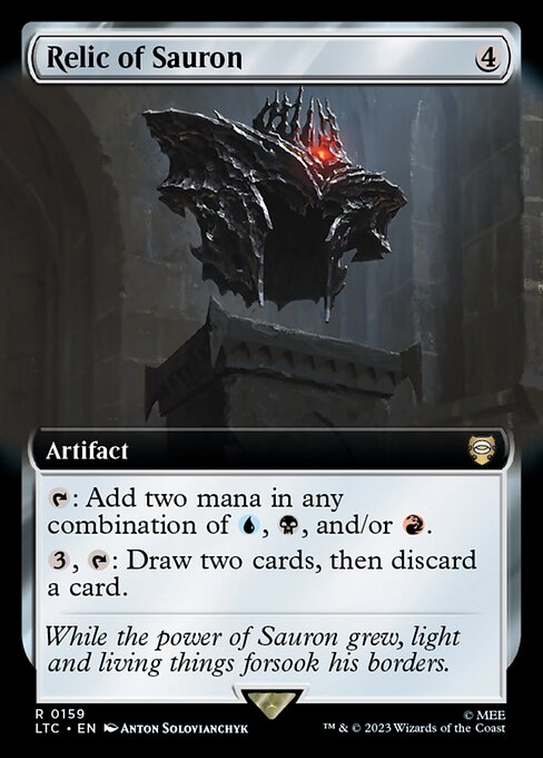 {T}: Add two mana in any combination of {U}, {B}, and/or {R}.
{3}, {T}: Draw two cards, then discard a card.