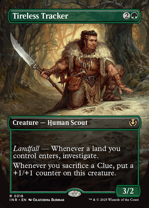 Landfall — Whenever a land you control enters, investigate. (Create a Clue token. It's an artifact with {2}, Sacrifice this token: Draw a card.)
Whenever you sacrifice a Clue, put a +1/+1 counter on this creature.