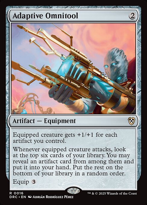 Equipped creature gets +1/+1 for each artifact you control.
Whenever equipped creature attacks, look at the top six cards of your library. You may reveal an artifact card from among them and put it into your hand. Put the rest on the bottom of your library in a random order.
Equip {3}