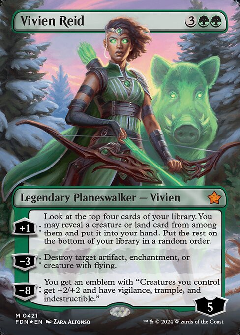 +1: Look at the top four cards of your library. You may reveal a creature or land card from among them and put it into your hand. Put the rest on the bottom of your library in a random order.
−3: Destroy target artifact, enchantment, or creature with flying.
−8: You get an emblem with "Creatures you control get +2/+2 and have vigilance, trample, and indestructible."