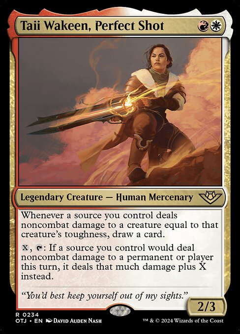 Whenever a source you control deals noncombat damage to a creature equal to that creature's toughness, draw a card.
{X}, {T}: If a source you control would deal noncombat damage to a permanent or player this turn, it deals that much damage plus X instead.