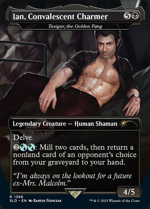 Delve (Each card you exile from your graveyard while casting this spell pays for {1}.)
{2}{G/U}{G/U}: Mill two cards, then return a nonland card of an opponent's choice from your graveyard to your hand.