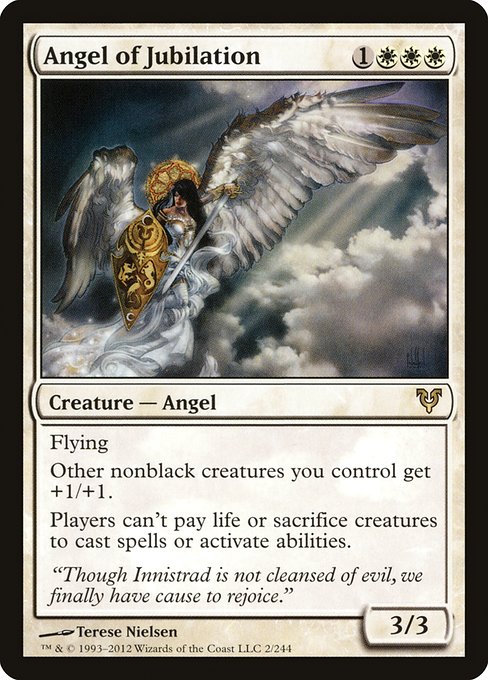 Flying
Other nonblack creatures you control get +1/+1.
Players can't pay life or sacrifice creatures to cast spells or activate abilities.