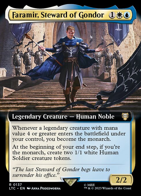 Whenever a legendary creature with mana value 4 or greater enters the battlefield under your control, you become the monarch.
At the beginning of your end step, if you're the monarch, create two 1/1 white Human Soldier creature tokens.