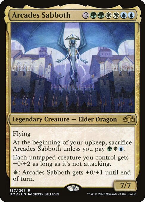 Flying
At the beginning of your upkeep, sacrifice Arcades Sabboth unless you pay {G}{W}{U}.
Each untapped creature you control gets +0/+2 as long as it's not attacking.
{W}: Arcades Sabboth gets +0/+1 until end of turn.
