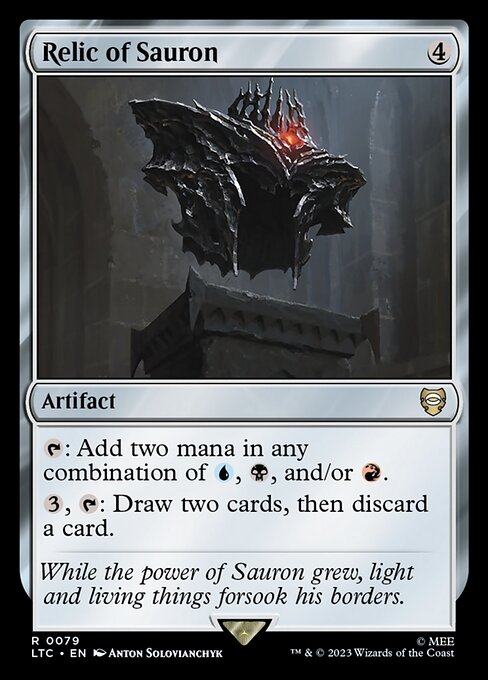 {T}: Add two mana in any combination of {U}, {B}, and/or {R}.
{3}, {T}: Draw two cards, then discard a card.