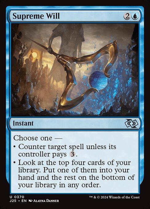 Choose one —
• Counter target spell unless its controller pays {3}.
• Look at the top four cards of your library. Put one of them into your hand and the rest on the bottom of your library in any order.