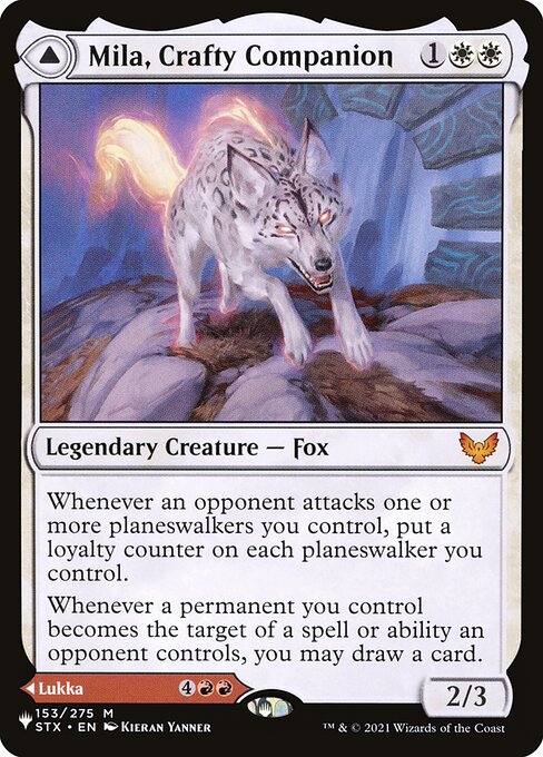 Whenever an opponent attacks one or more planeswalkers you control, put a loyalty counter on each planeswalker you control.
Whenever a permanent you control becomes the target of a spell or ability an opponent controls, you may draw a card. +1: You may discard a card. If you do, draw a card. If a creature card was discarded this way, draw two cards instead.
−2: Return target creature card from your graveyard to the battlefield. It gains haste. Exile it at the beginning of your next upkeep.
−7: