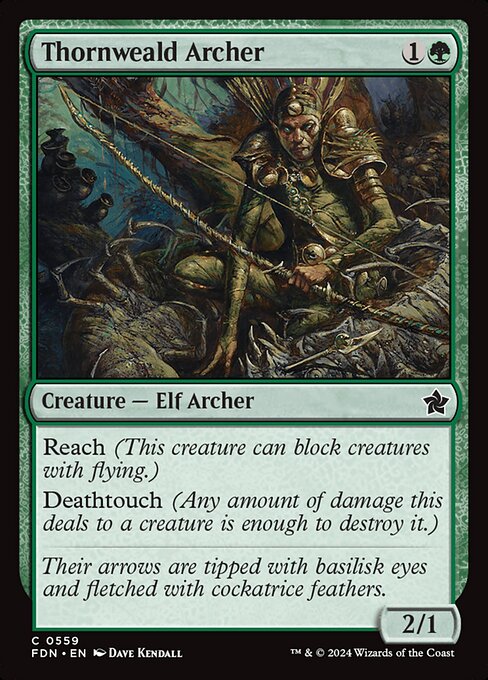 Reach (This creature can block creatures with flying.)
Deathtouch (Any amount of damage this deals to a creature is enough to destroy it.)