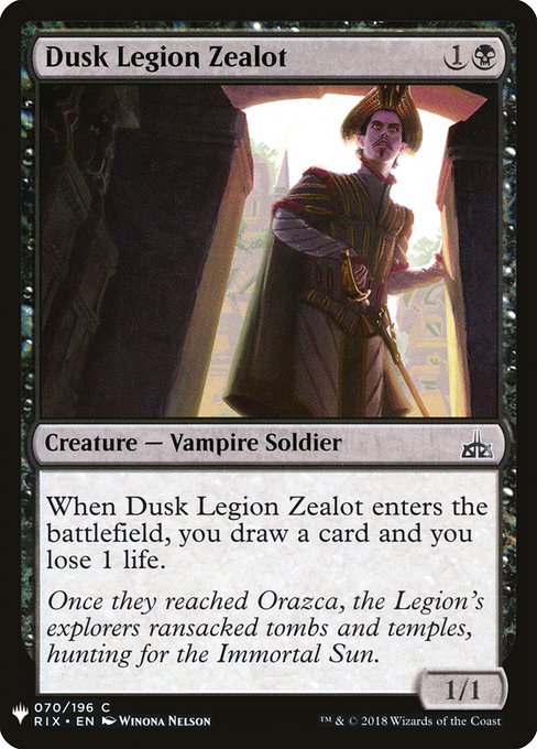 When Dusk Legion Zealot enters the battlefield, you draw a card and you lose 1 life.