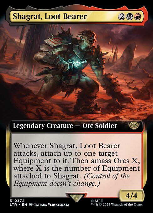 Whenever Shagrat, Loot Bearer attacks, attach up to one target Equipment to it. Then amass Orcs X, where X is the number of Equipment attached to Shagrat. (Control of the Equipment doesn't change. To amass Orcs X, put X +1/+1 counters on an Army you control. It's also an Orc. If you don't control an Army, create a 0/0 black Orc Army creature token first.)
