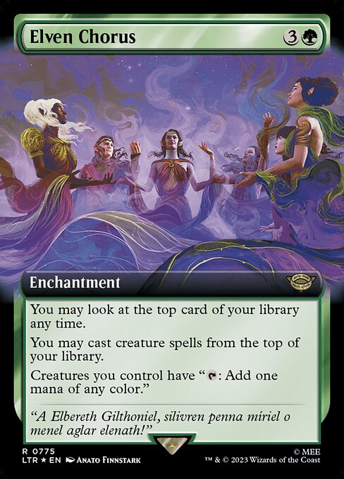 You may look at the top card of your library any time.
You may cast creature spells from the top of your library.
Creatures you control have "{T}: Add one mana of any color."